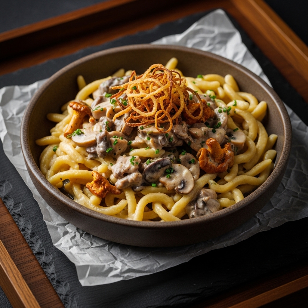 Michelin-Star German Snack: Creamy Mushroom Spätzle with Crispy Onions